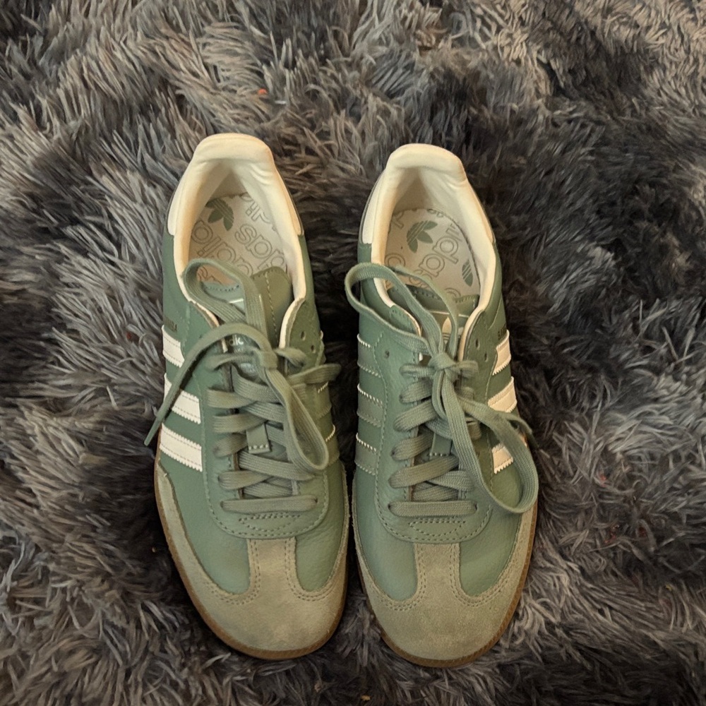 Adidas Men's Sage Green and White Sneakers